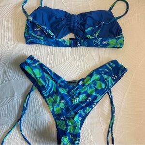 blue size small electric beach print black bough bikini set